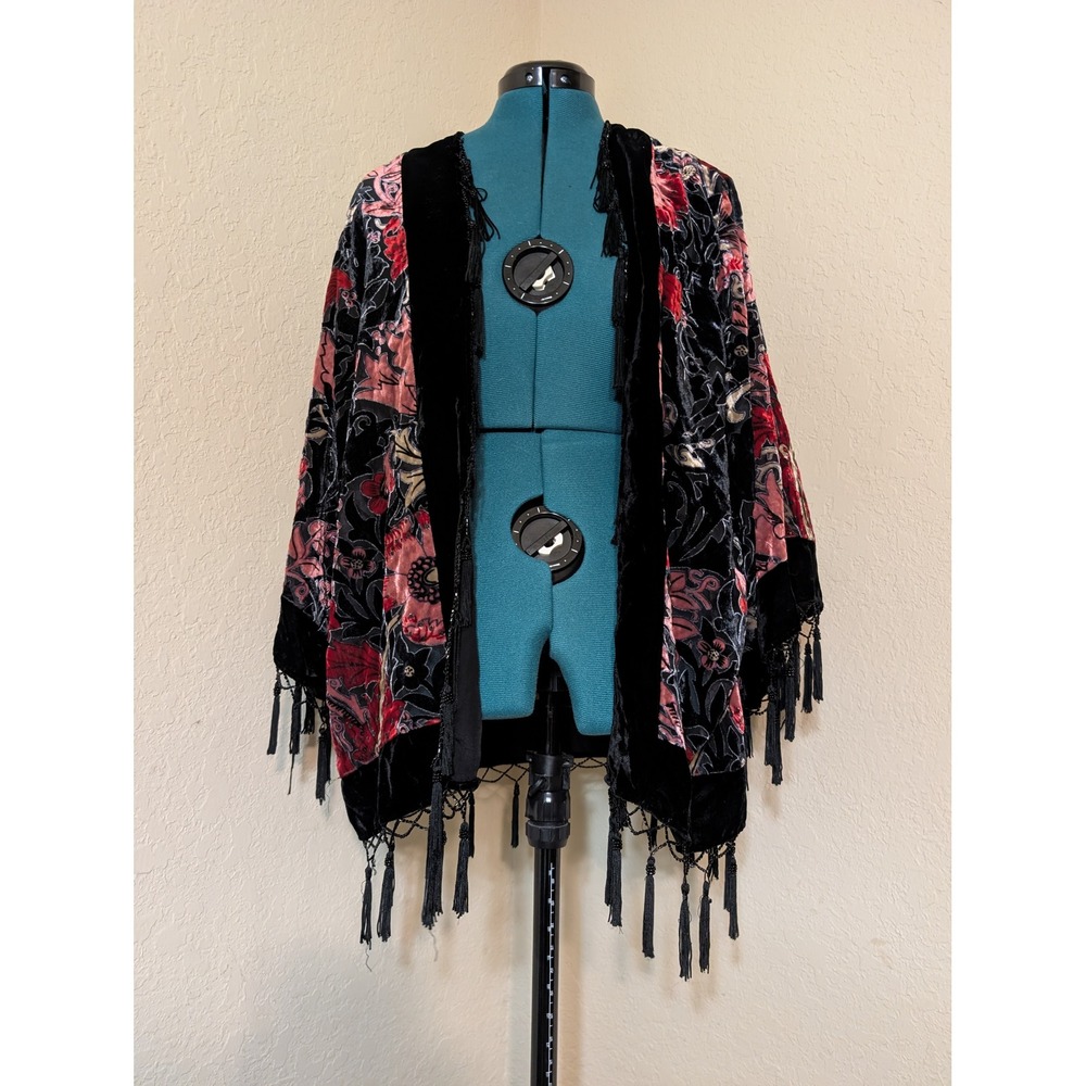 MSK Womens XL Velvet Burnout Floral Kimono Cardigan Black Red Tassel Fringe Boho